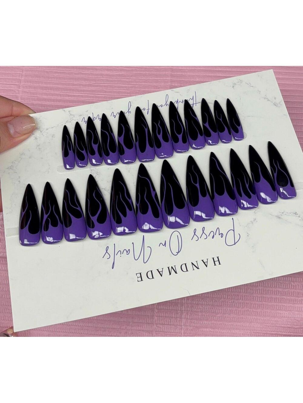 Extra long stiletto press on nails purple flames black handmade custom gel